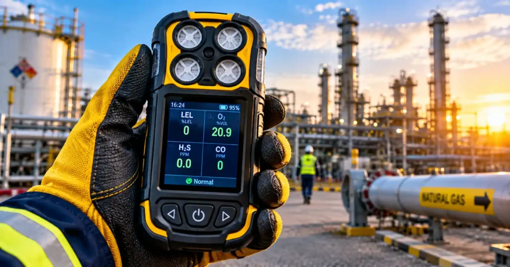 Handheld 4-gas detector displaying LEL, O₂, H₂S, and CO levels during gas testing at an industrial plant.