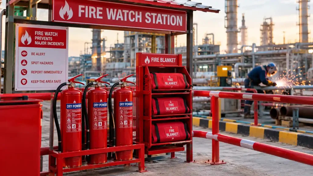 Saudi Aramco WPR Exam Questions and Answers 2026 4 Fire watch station equipped with dry powder fire extinguishers and fire blankets at a Saudi Aramco hot work site.