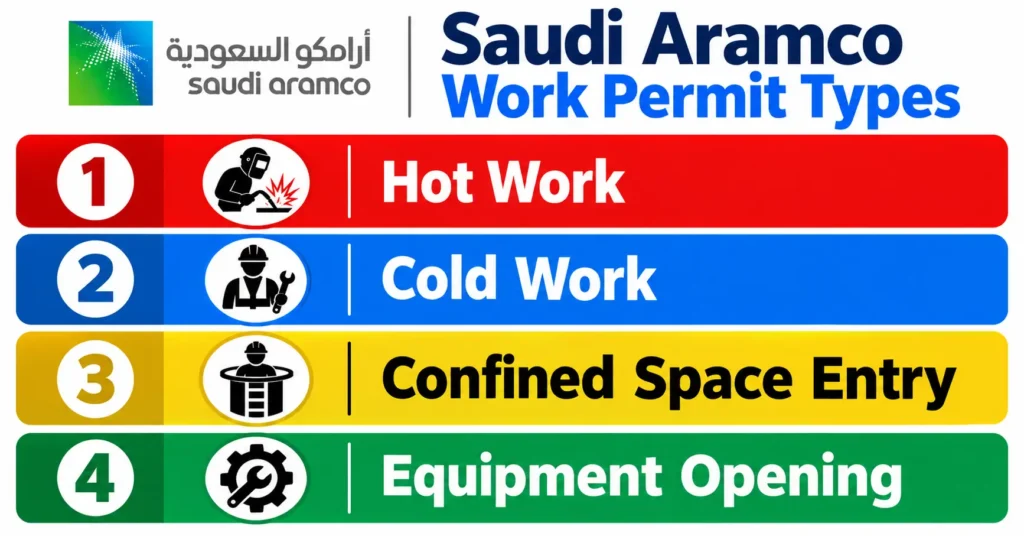 Saudi Aramco WPR Exam Questions and Answers 2026 2 Infographic displaying Saudi Aramco work permit types including Hot Work, Cold Work, Confined Space Entry, and Equipment Opening.