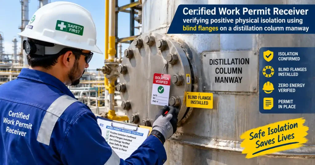 Certified Work Permit Receiver verifying positive physical isolation using blind flanges on a distillation column manway
