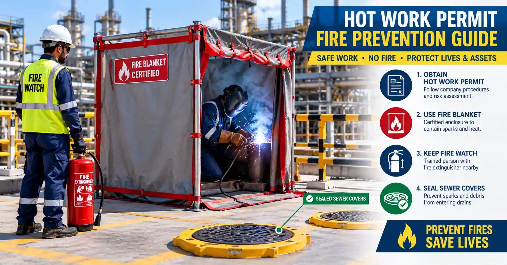 Fire watch monitoring hot work with a fire extinguisher, welder inside a fire blanket enclosure, and sealed sewer covers for fire prevention.