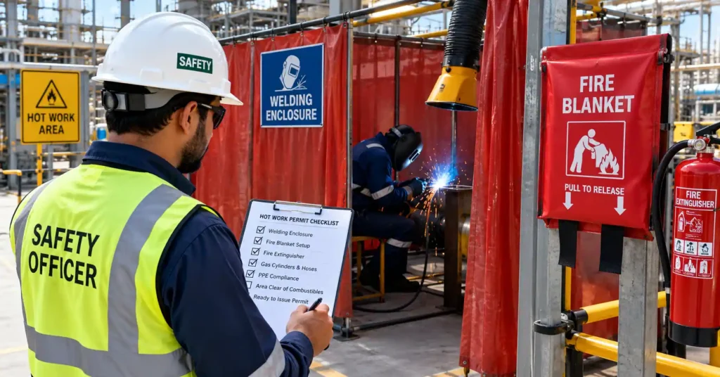 Certified safety officer inspecting a welding enclosure and fire blanket setup before issuing a hot work permit.