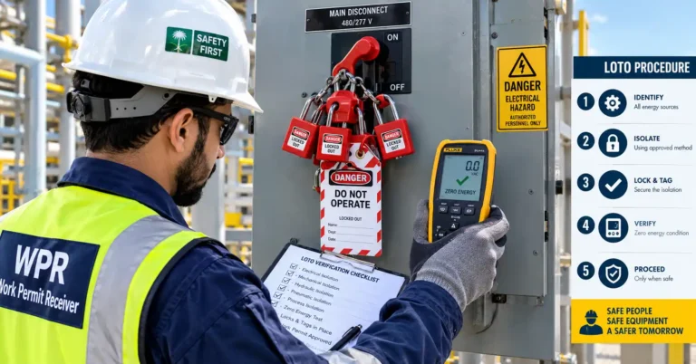 Safety engineer applying lockout padlocks and tagout device to a high-voltage electrical breaker panel