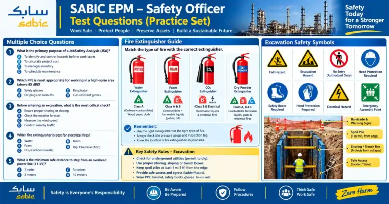 SABIC EPM Safety Officer practice test questions covering fire extinguishers, excavation safety, PPE, and hazard symbols.