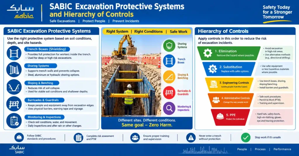 SABIC EPM Safety Officer Exam Questions & Answers 2026 2 SABIC excavation protective systems including trench boxes, shoring, sloping, barricades, and hierarchy of controls.