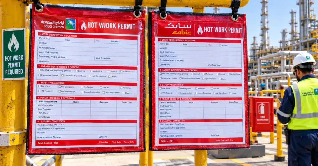 Official Saudi Aramco hot work permit form displayed at job site