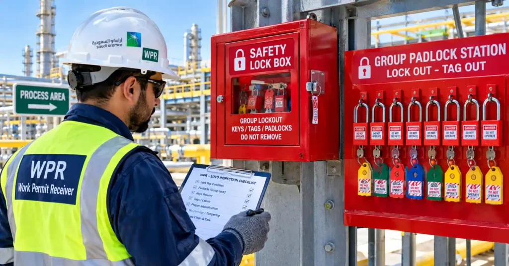 Certified Work Permit Receiver inspecting a red safety lock box and group padlock station at an industrial process plant.